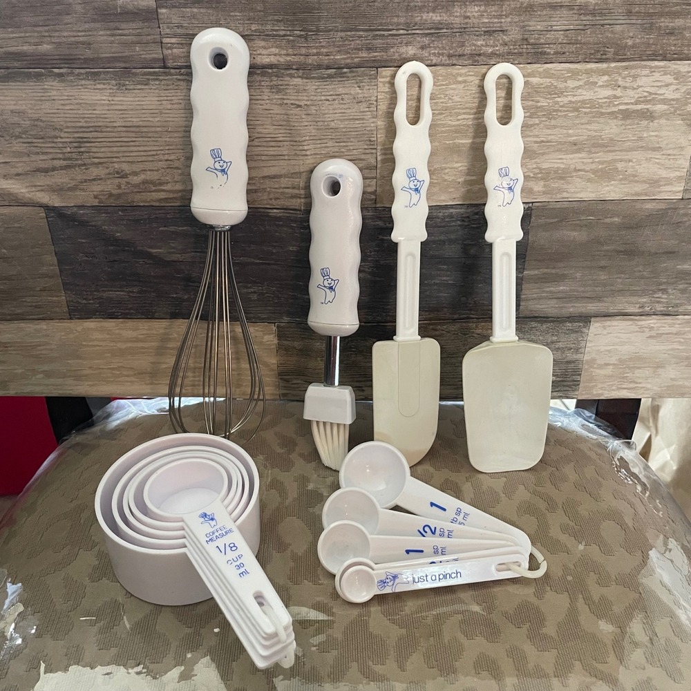 Pillsbury Doughboy Kitchen Utensil Set Whisk Spatulas Measuring Cup Spoons White